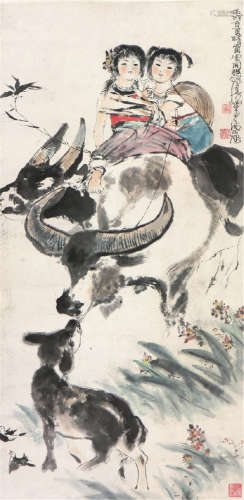 程十发(1921-2007) 牧羊图 设色 纸本镜片