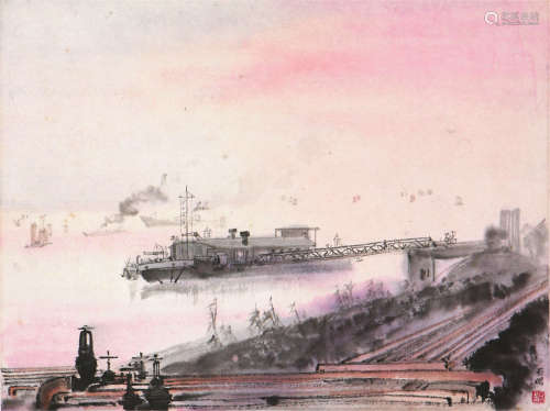 亚 明(1924-2002) 港口写生 设色 纸本镜片