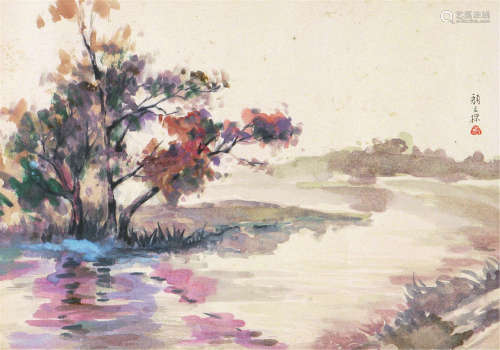 颜文樑(1893-1988) 江南湖畔 设色 纸本镜片