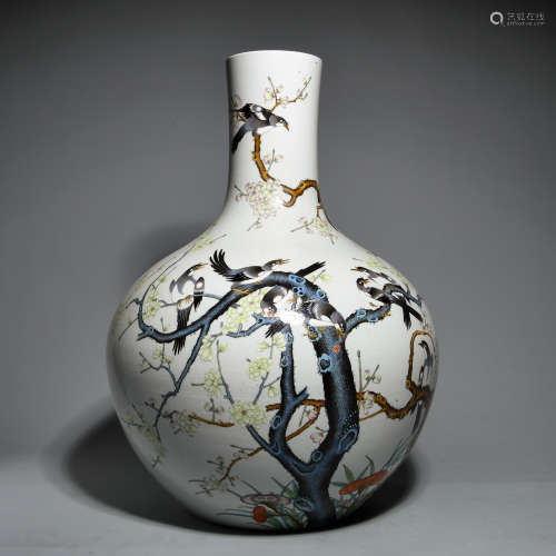 A POWDER ENAMEL VASE PAINTED WITH FLOWERS AND BIRDS