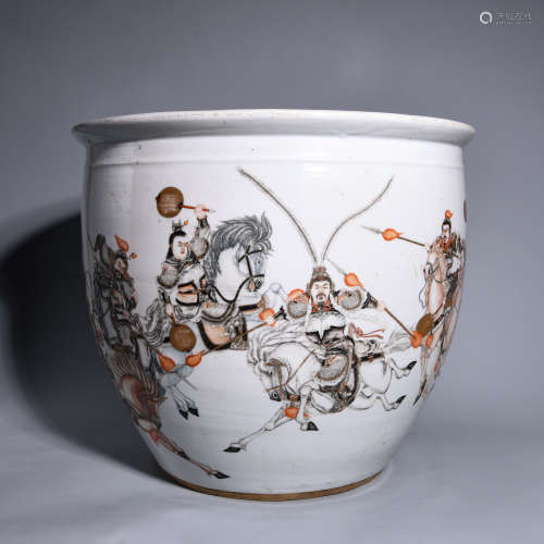 AN INK COLOURED JAR  PAINTED WITH CHARACTERS