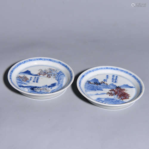 A PAIR OF BLUE AND WHITE DISHES WITH LANDSCAPE PATTERNS