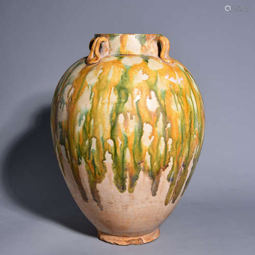 A TRI COLORED GLAZE POTTERY POT