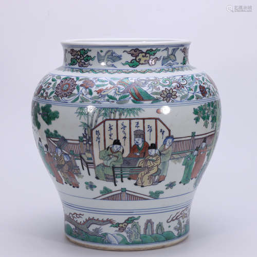 AN OVERGLAZED POT WITH CHARACTER  PATTERNS