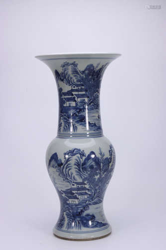 A BLUE AND WHITE FLOWER VASE WITH LANDSCAPE PATTERNS