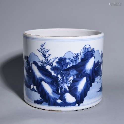 A BLUE AND WHITE BRUSH POT WITH LANDSCAPE PATTERNS