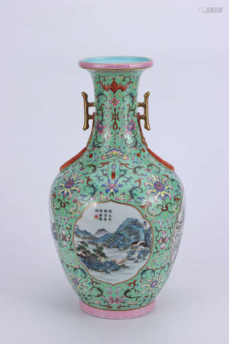 A POWDER ENAMEL BINAURAL  BOTTLE WITH LANDSCAPE PATTERNS