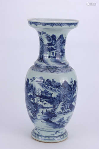 A BLUE AND WHITE BOTTLE WITH LANDSCAPE  AND CHARACTER PATTERNS