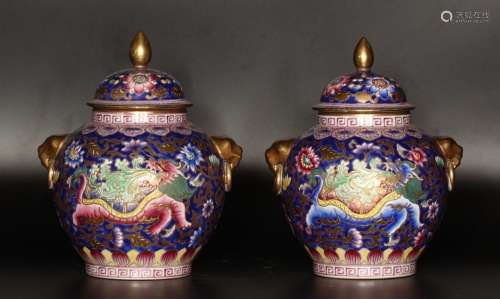 Pair Of Enameled Dragon Pattern Jars