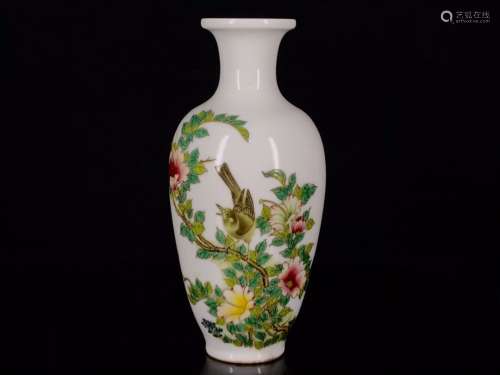 Pair Of Famille Rose Floral&Bird Vases