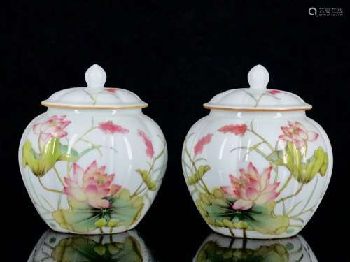 Pair Of Famille Rose Lotus Pattern Jars
