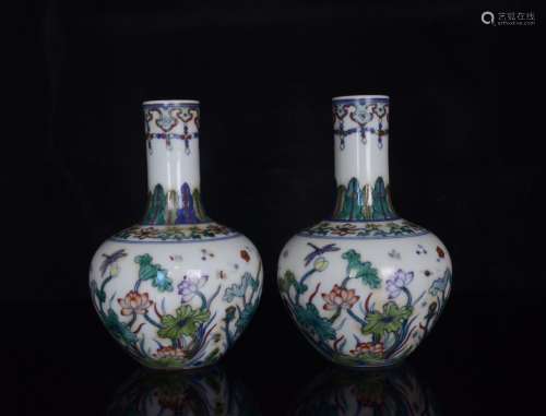 Pair Of Doucai Floral&Bird Vases