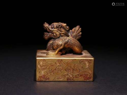 A Gilt Bronze Dragon Carved Seal