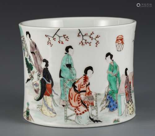 A Porcelain Wucai Story Carved Brush Pot