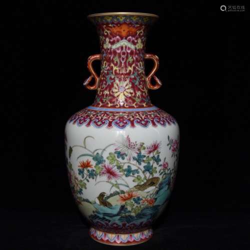A Porcelain Famille Rose Ear Vase