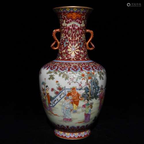 A Porcelain Red Glaze Famille Rose Potery Ear Vase