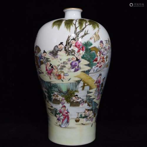 A Porcelain Famille Rose Story Carved Plum Bottle