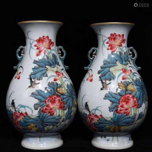 Pair Of Famille Rose Floral&Bird Vases