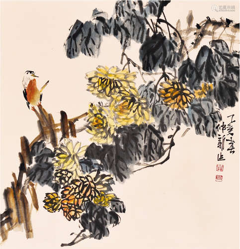 黄仲新 菊 镜心