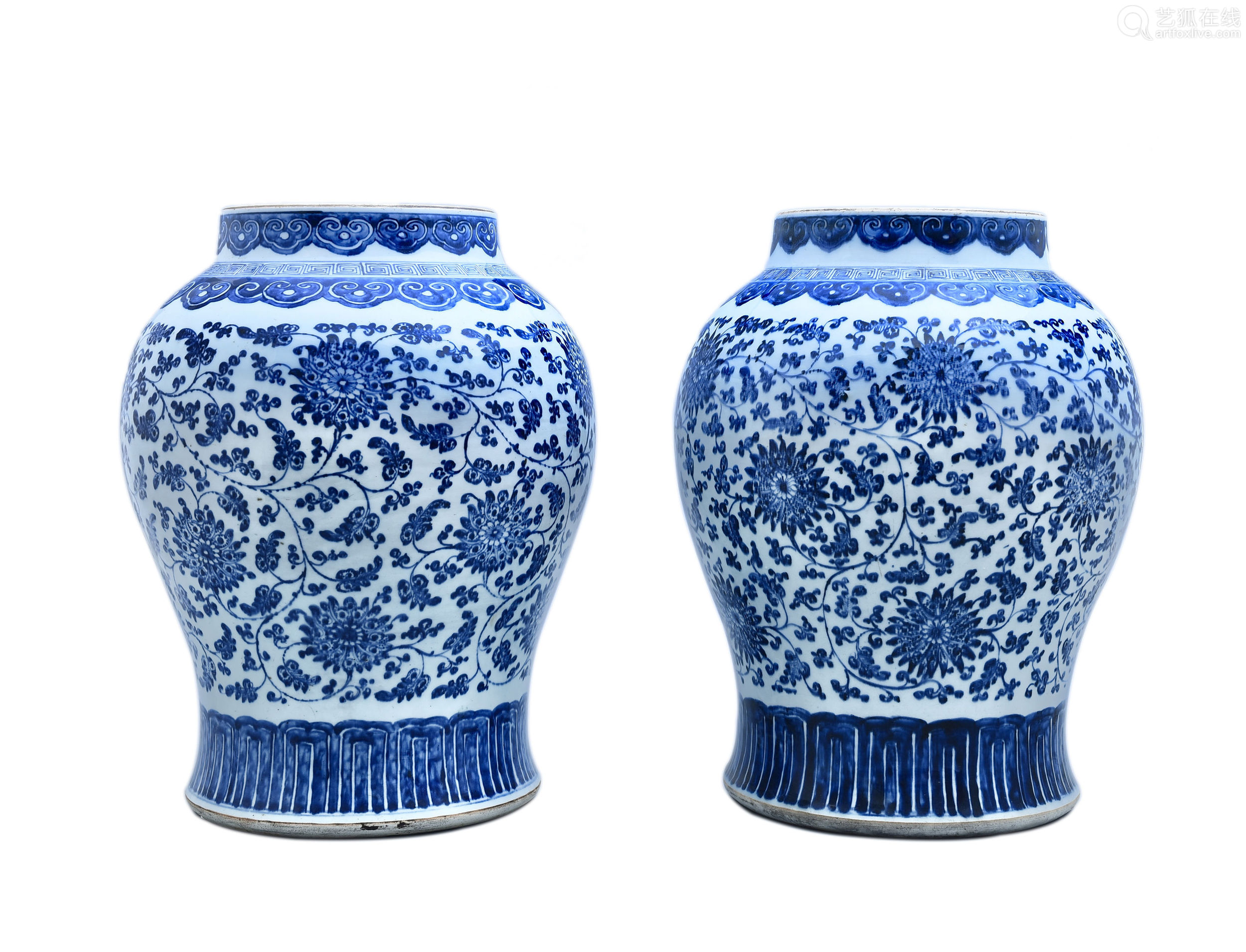 清·雍正青花缠枝莲超大将军罐一对-【成交 价格 图片】