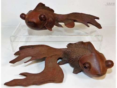 Two early 20thC. carved Chinese hardwood koi fish