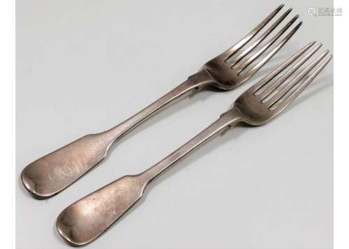 Two 19thC. London silver fiddle back forks, one Ge
