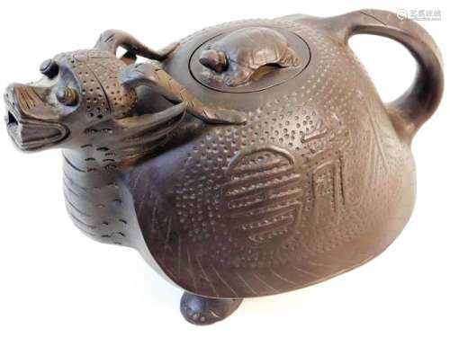 A large Chinese Yixing style dragon teapot 11in wi