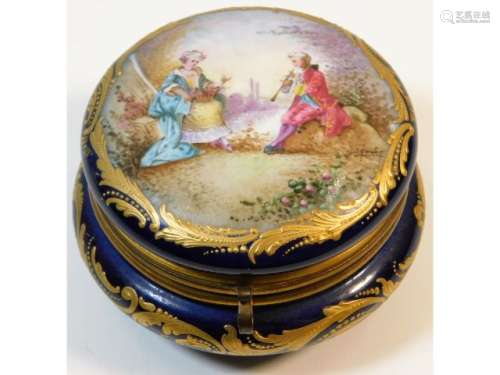 A decorative Sevres porcelain trinket box with gilt fittings & hinged lid 3.5in wide x 2.25in high