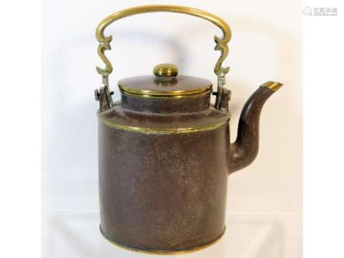 A 19thC. Yixing teapot with brass fittings 8in tal