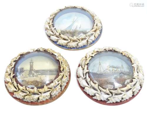 Three 20thC souvenir dioramas with shell art borders and printed coastal scenes, one depicting the