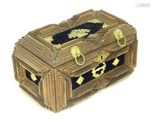 A 19th / 20thC tramp / folk art box with applied velvet and decorative mounts. Approx. 4 1/2