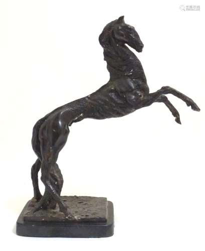 A 20thC bronze sculpture of a rearing horse on a rectangular base. Approx. 18