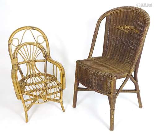 Two mid / late 20thC childs chairs of cane and wicker construction. The largest measuring 16