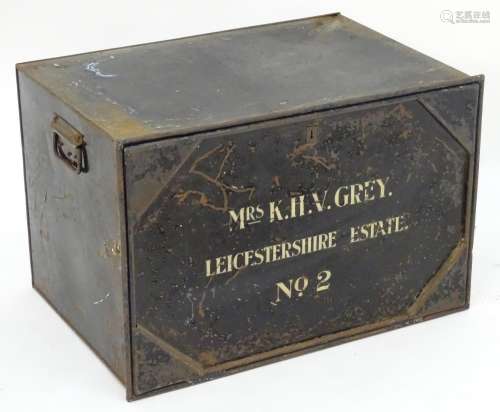 A mid-20thC steel deed box, black painted finish with white stencilled lettering: 'Mrs K.H.V.