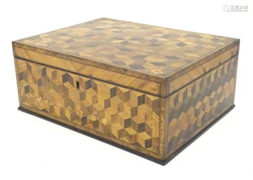A 19thC work box with geometric parquetry specimen wood inlay, with a a hinged lid and lift out tray
