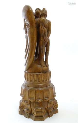 A 20thC carved wooden sculpture titled Tragic Muse to base, monogrammed TD and dated 1971 to side.