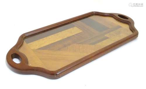 A 20thC parquetry tray, specimen wood to include bird's eye maple, ebony, sycamore, ash, walnut,