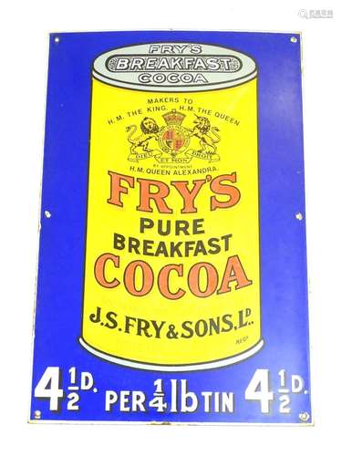 A late 20thC Fry's Breakfast Cocoa enamel sign. Approx. 21