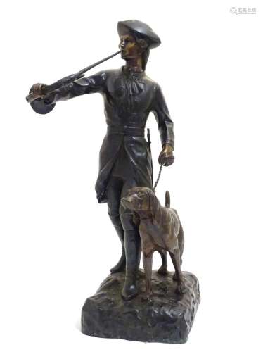 A 20thC cast bronze sculpture of a huntsman with a horn and a dog, after Lecourtier and Moreau's