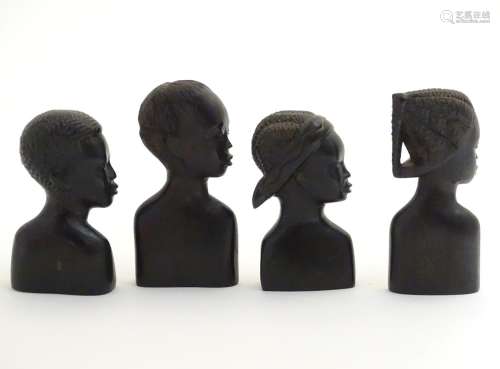 Ethnographic / Native / Tribal: Four carved wooden heads, two male, two female. Approx. 3