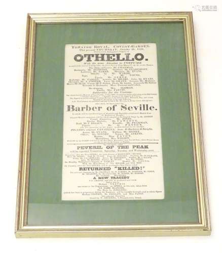 A framed advertisement for the Theatre Royal, Covent Garden, dated October 26, 1826 - publicising