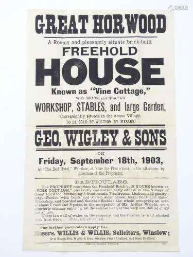 Buckinghamshire local interest : an Edwardian auction poster, ' Great Horwood, a freehold house