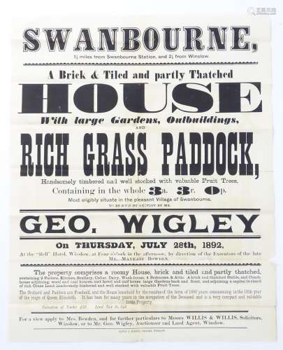 Buckinghamshire local interest : a Victorian auction poster, ' Swanbourne, a house with large