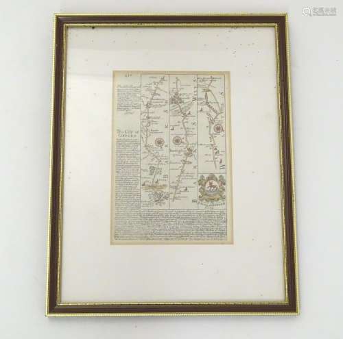Map: An 18thC double glazed hand coloured road strip map of the City of Oxford, with the Road from
