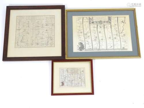Maps: Three road strip maps, comprising the Road from London to Buckingham after John Ogilby, a hand