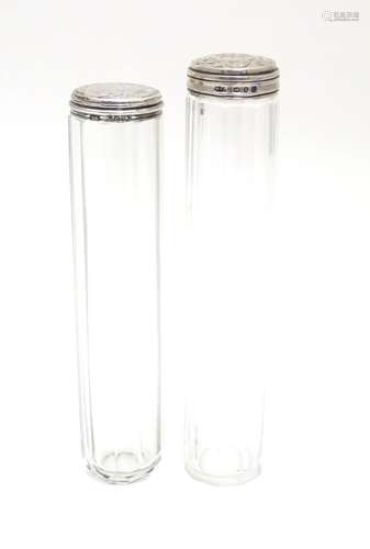 Two Victorian silver lidded glass vanity bottles. Hallmarked Birmingham 1897 maker William Amaziah