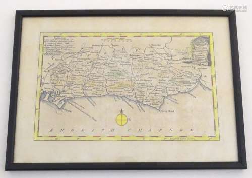 Map: An 18thC hand coloured map of Sussex engraved by Thomas Kitchin (1718-1784) and published in