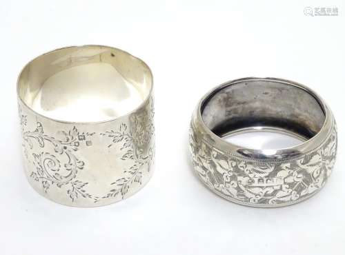 Two silver napkin rings with engraved decoration. Hallmarked Birmingham 1906 maker William M Hayes