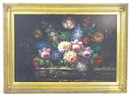 M. Aaran, XX, Continental School, Oil on canvas, A still life study of dahlias, tulips, peonies,