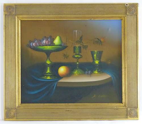 K. Cotton, XX, Oil on canvas, A still life study of vases and a comport with fruit on a table.